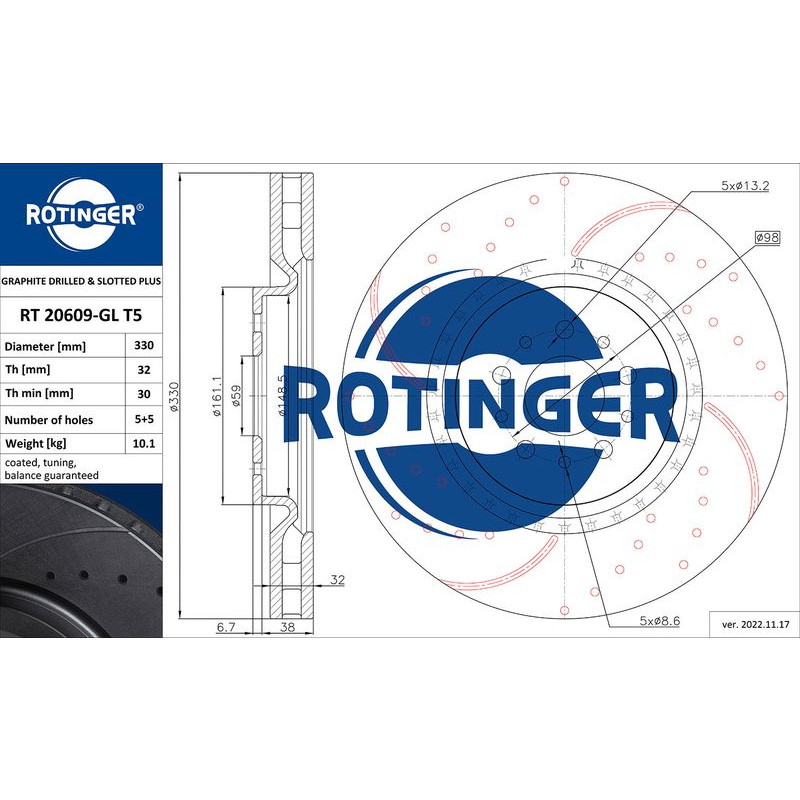 Снимка на Спирачен диск ROTINGER GRAPHITE DRILLED & SLOTTED PLUS RT 20609-GL T5 за Alfa Romeo GT 3.2 GTA (937CXP1B) - 240 к.с. бензин