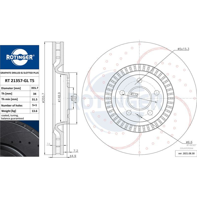 Снимка на Спирачен диск ROTINGER GRAPHITE DRILLED & SLOTTED PLUS RT 21357-GL T5 за Audi A6 Sedan (4G2, C7) 2.0 TDI - 163 к.с. дизел