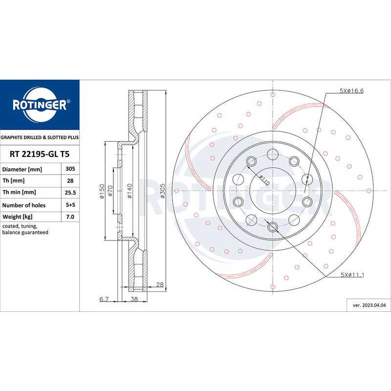 Снимка на Спирачен диск ROTINGER GRAPHITE DRILLED & SLOTTED PLUS RT 22195-GL T5 за Alfa Romeo GIULIA (952) 2.0 (952ACA25) - 280 к.с. бензин