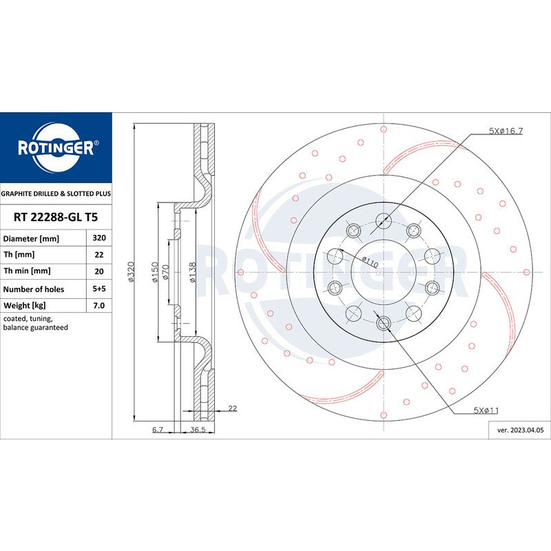 Снимка на Спирачен диск ROTINGER GRAPHITE DRILLED & SLOTTED PLUS RT 22288-GL T5 за Alfa Romeo STELVIO (949) 2.0 Q4 (949.AXF2A) - 201 к.с. бензин