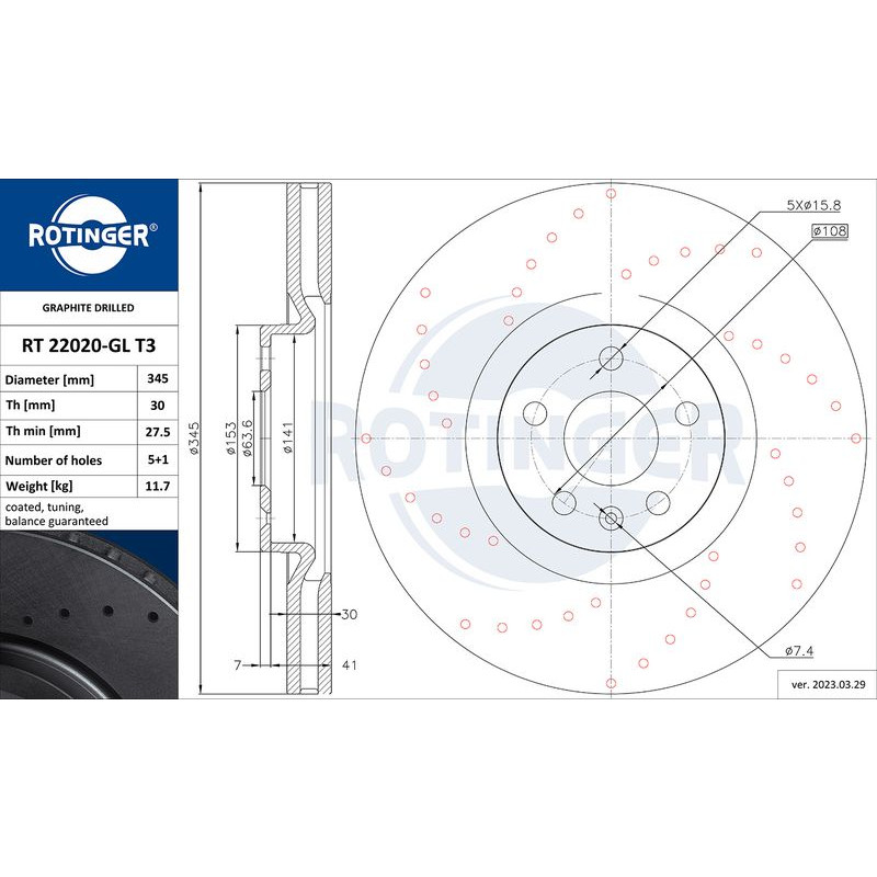 Снимка на Спирачен диск ROTINGER GRAPHITE DRILLED RT 22020-GL T3 за Volvo XC 40 D4 AWD - 190 к.с. дизел
