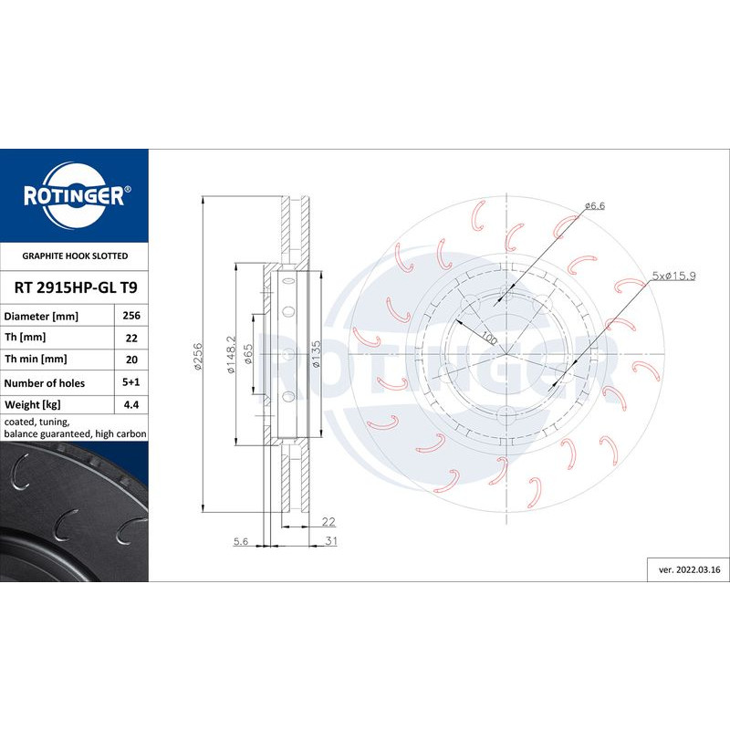 Снимка на Спирачен диск ROTINGER GRAPHITE HOOK SLOTTED RT 2915HP-GL T9 за VW Golf 4 Variant (1J5) 1.9 TDI 4motion - 150 к.с. дизел