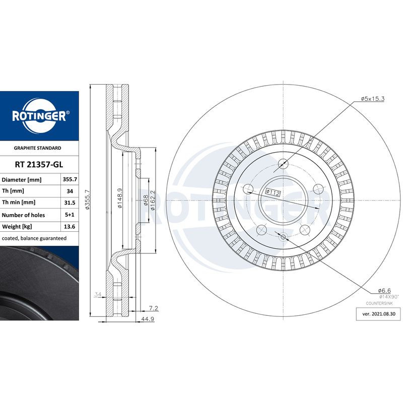 Снимка на Спирачен диск ROTINGER GRAPHITE LINE RT 21357-GL за Audi A7 Sportback (4GA) 1.8 TFSI - 190 к.с. бензин