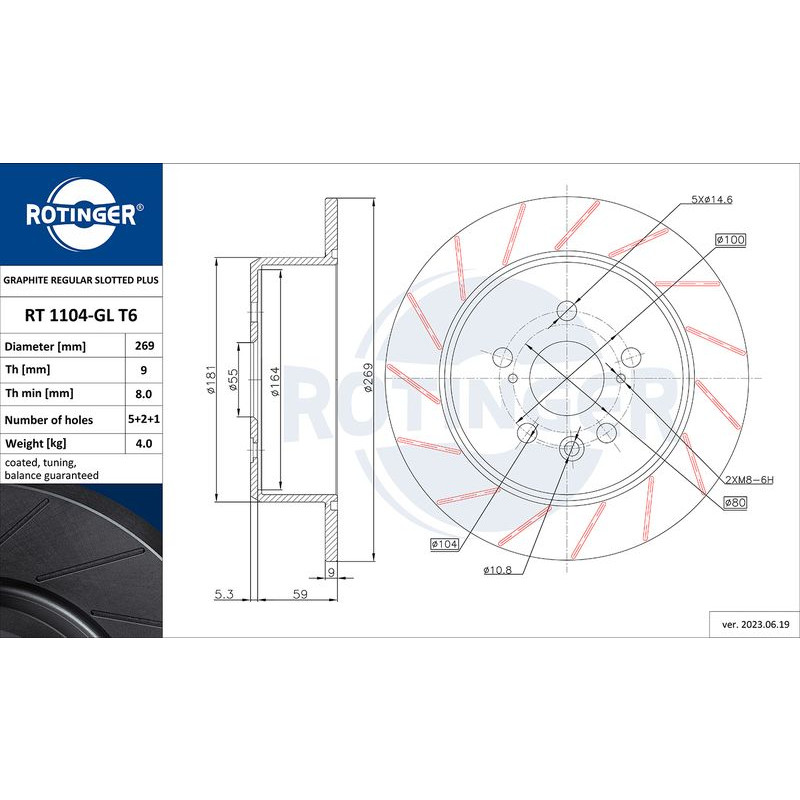 Снимка на Спирачен диск ROTINGER GRAPHITE REGULAR SLOTTED PLUS RT 1104-GL T6 за Toyota Celica Convertible (T20) 2.0 i 16V (ST202) - 170 к.с. бензин