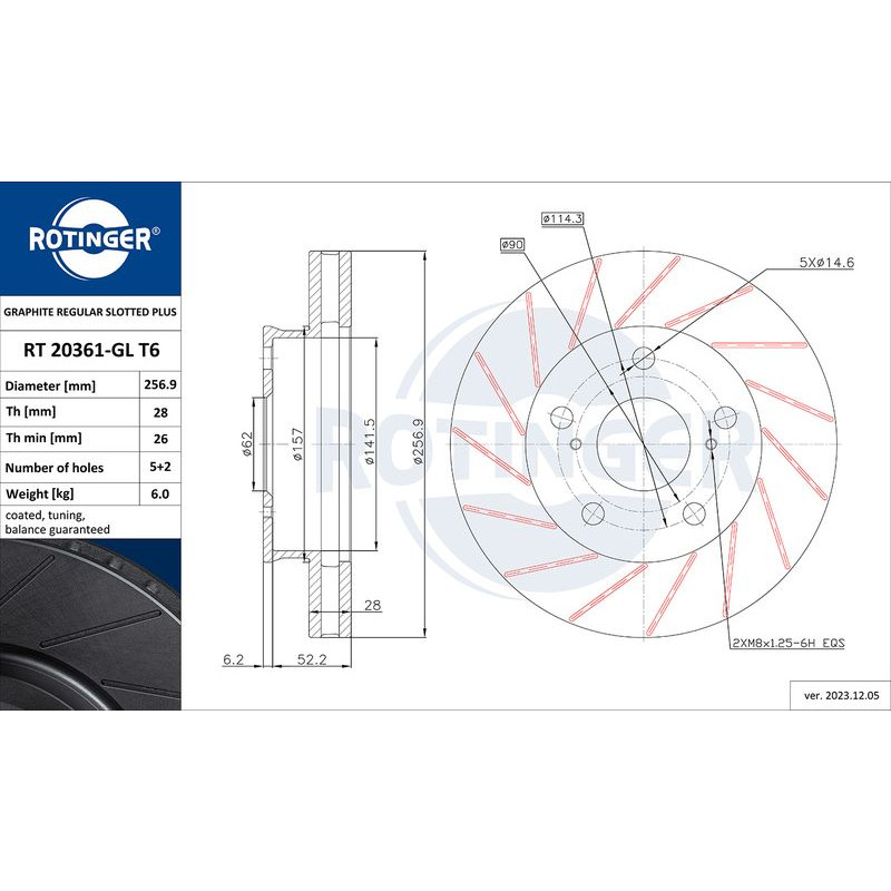 Снимка на Спирачен диск ROTINGER GRAPHITE REGULAR SLOTTED PLUS RT 20361-GL T6 за Toyota Hilux Pickup 2.5 D-4D (KUN15) - 88 к.с. дизел